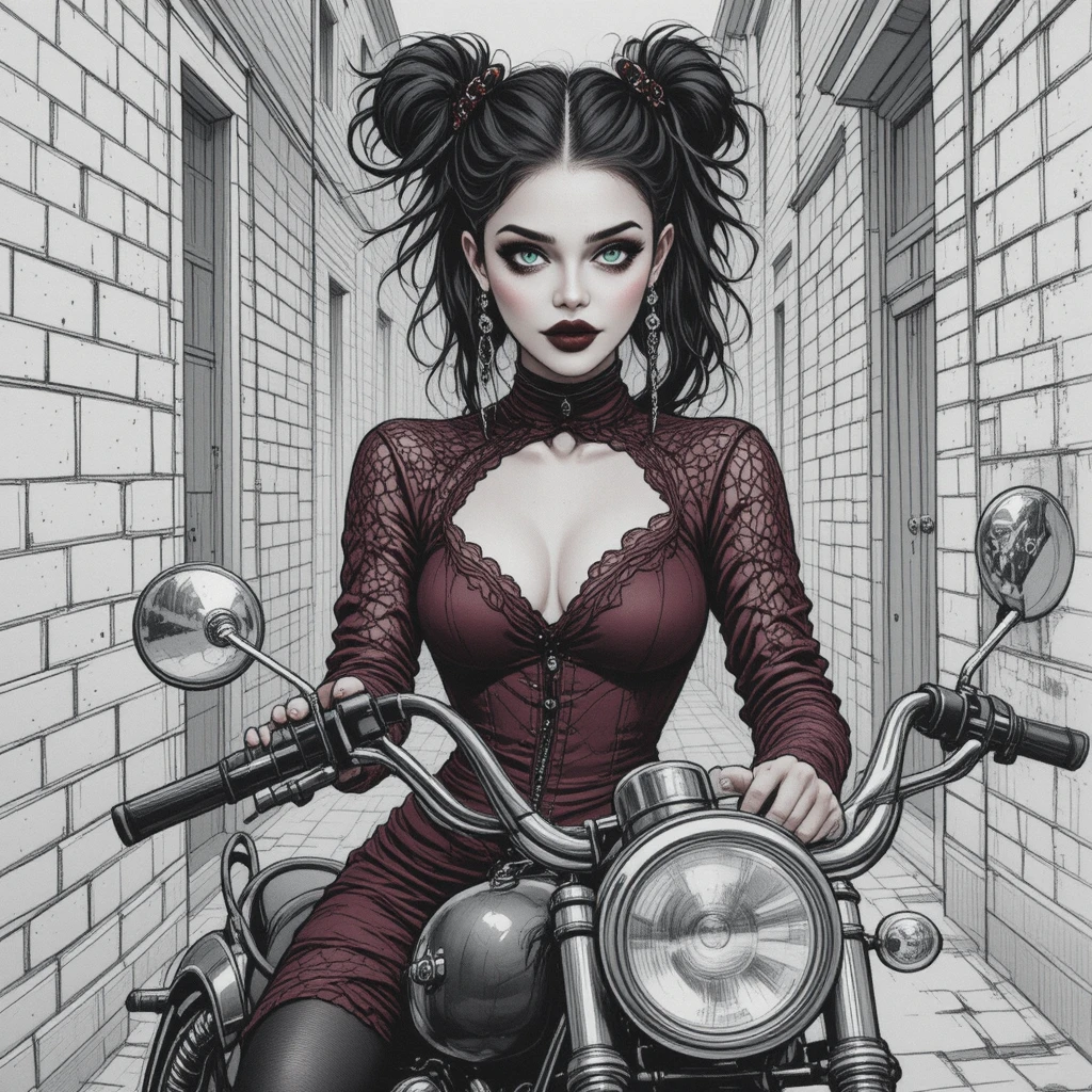 Gothic woman in lace dress on motorcycle in alley