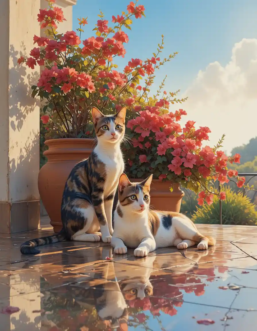 Watercolor cat and puppy on a sunlit Mediterranean terrace
