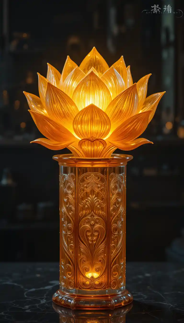 Loto di Ambra Luminoso in un Cilindro di Vetro Decorato