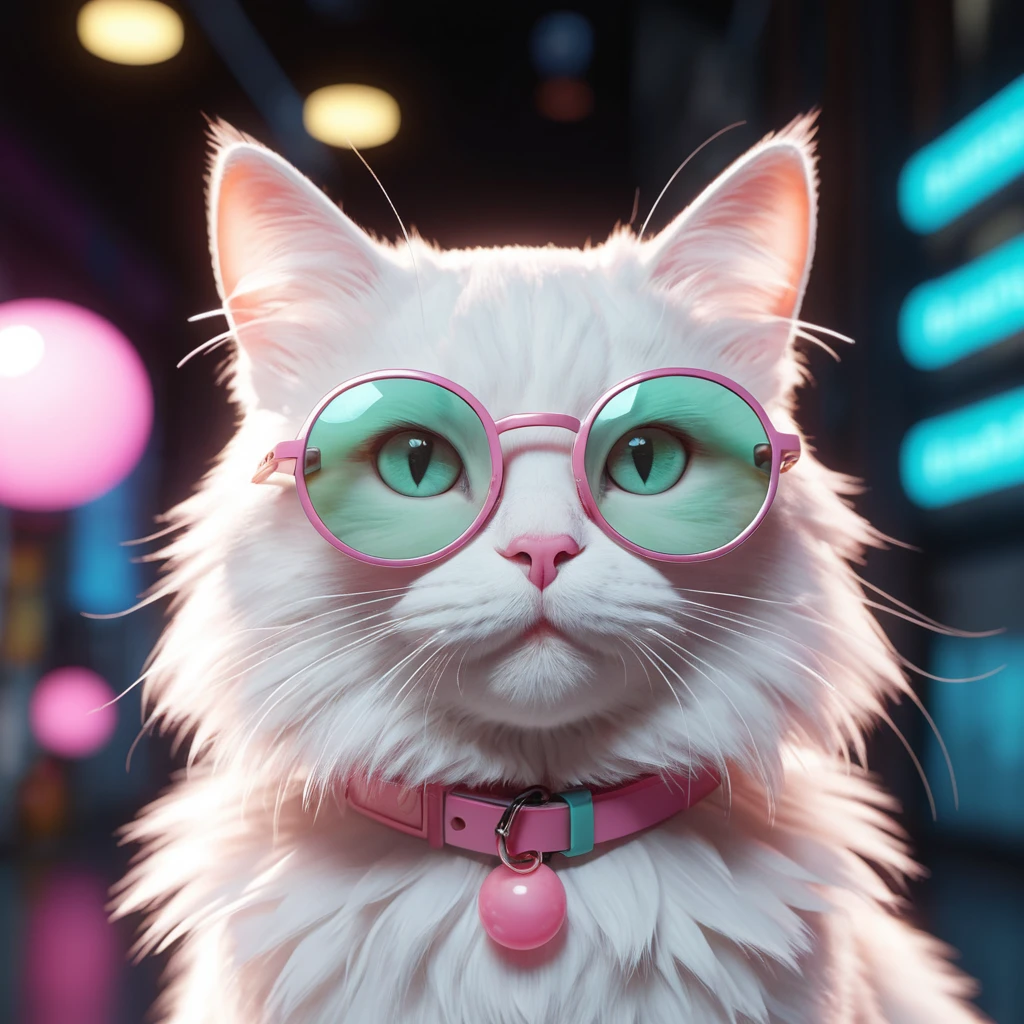 Gato branco fofo e estiloso assoprando chiclete em cidade neon