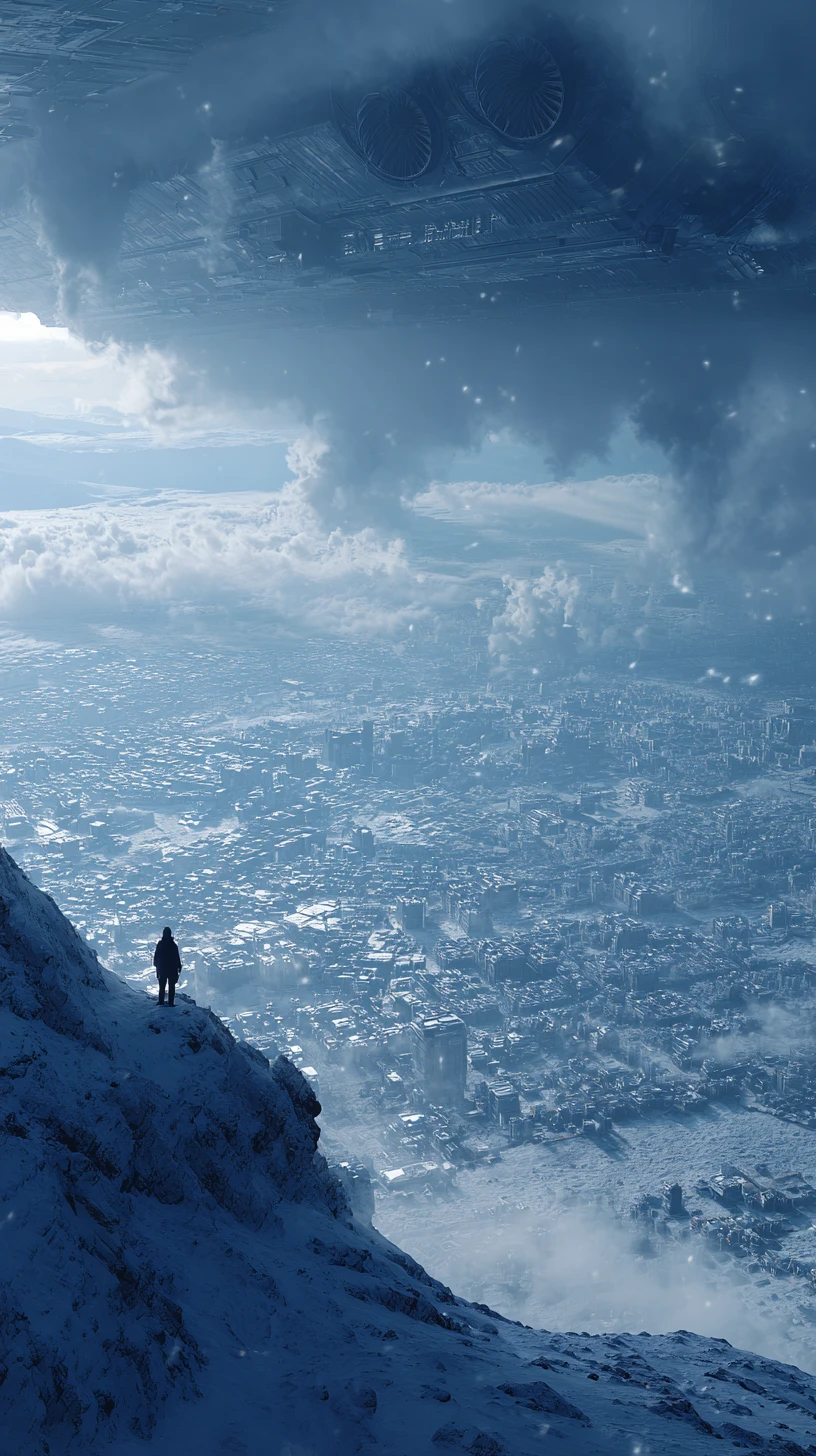 Figura solitária em penhasco nevado acima de cidade futurista congelada