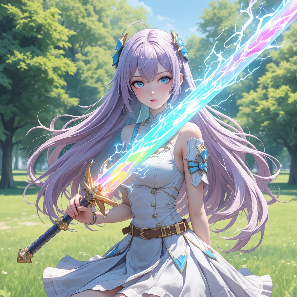 Ragazza anime che brandisce una spada di fulmini arcobaleno all'aperto