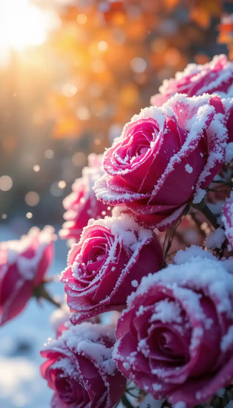 Rose macro coperte di neve fresca con luce dorata