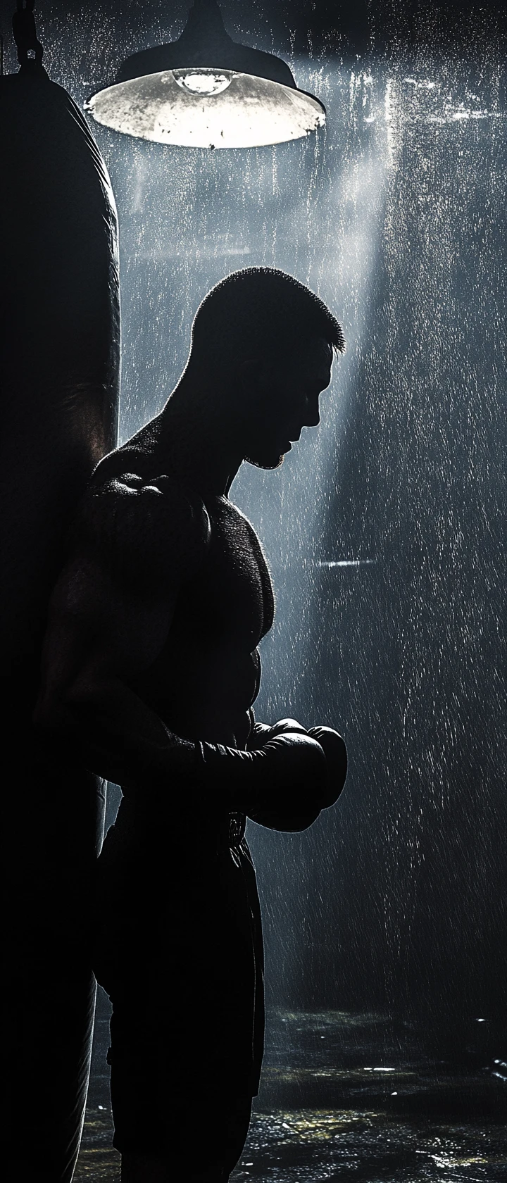 Man training on a heavy bag in a dark underground gym