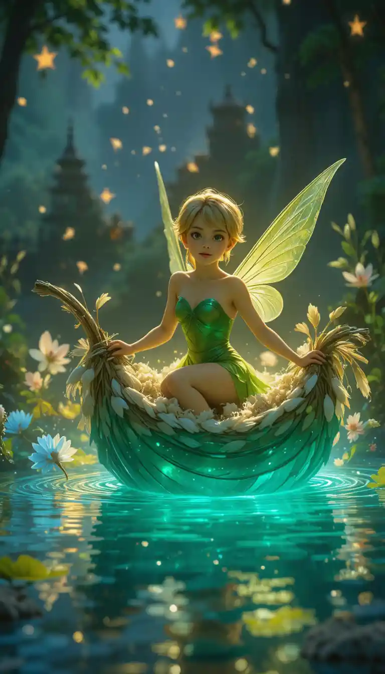 Hada Navegando en un Barco de Pluma sobre un Estanque Encantado y Brillante
