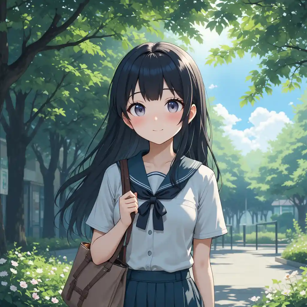 Lächelndes Anime-Schoolgirl hält eine Tasche im Freien