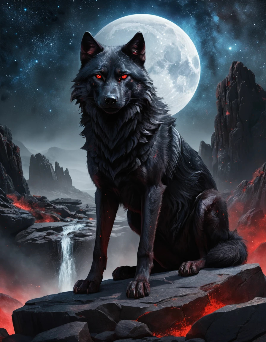 Black wolf with red eyes in a cosmic starry void