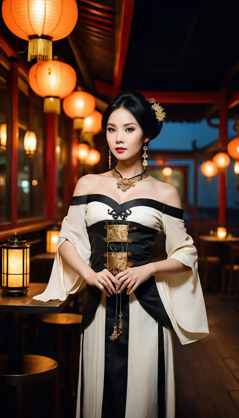 Vietnamese woman in tang dynasty dress in night restaurant
