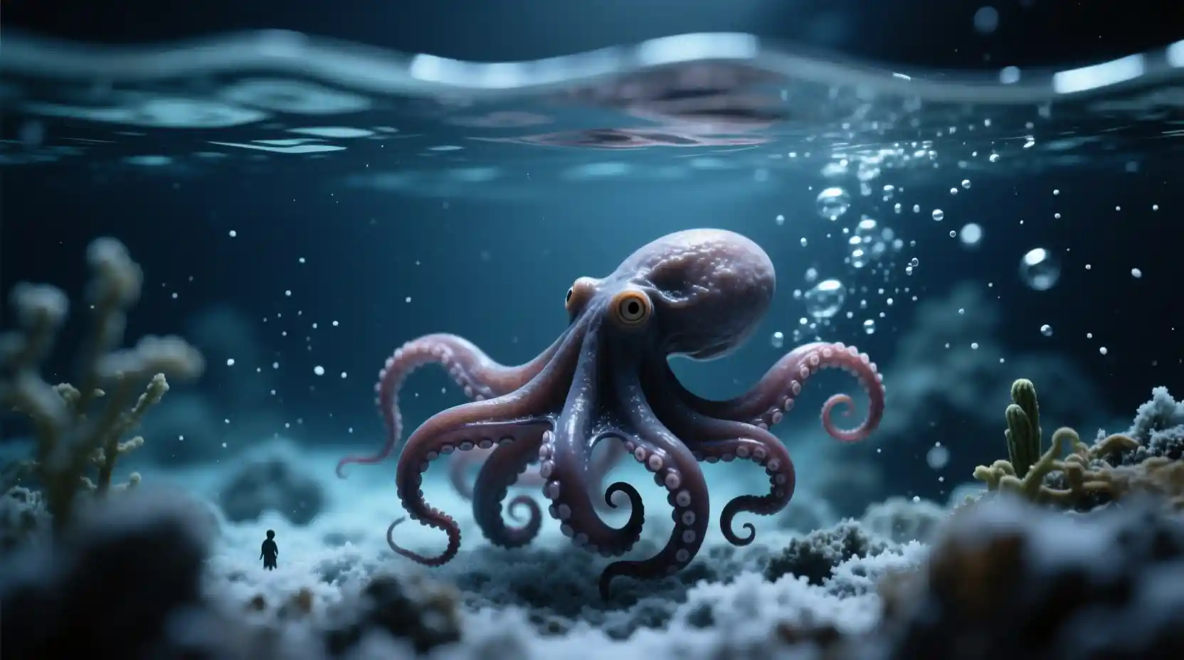 Moody macro view of a lone octopus in deep water