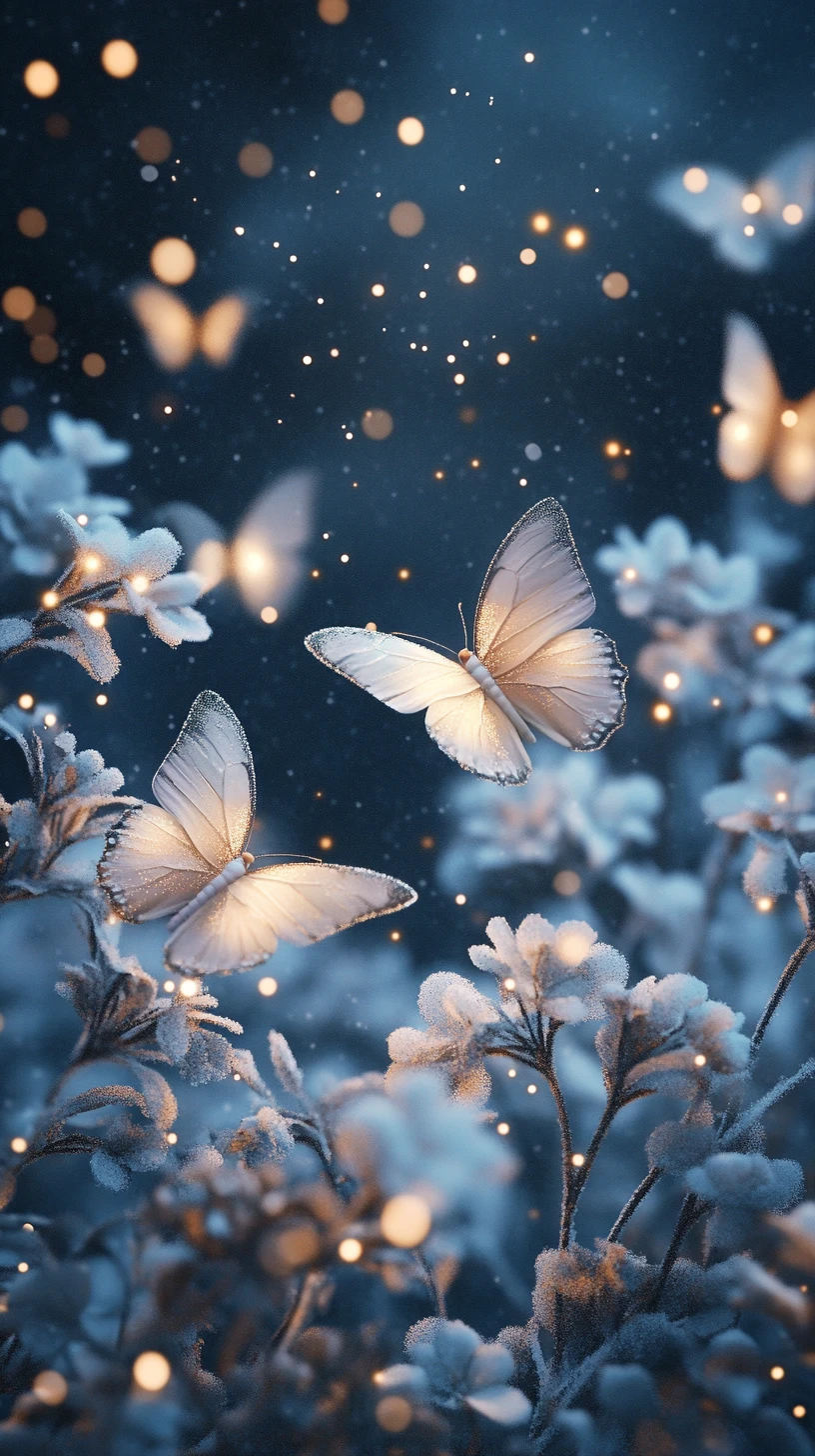 Glowing Butterflies In A Frosty Fantasy Night Garden