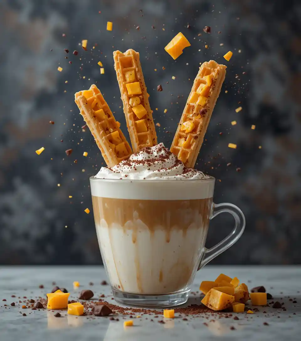Cappuccino con mango e dessert a domino con crema di wafer