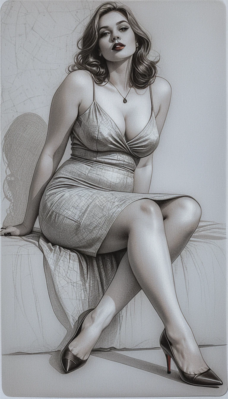 Mujer pin up curvilínea con vestido de satén en sillón blanco