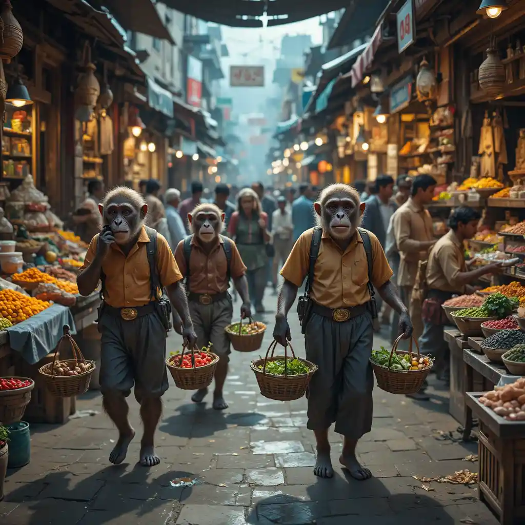Macacos fazendo compras como humanos em um movimentado mercado indiano