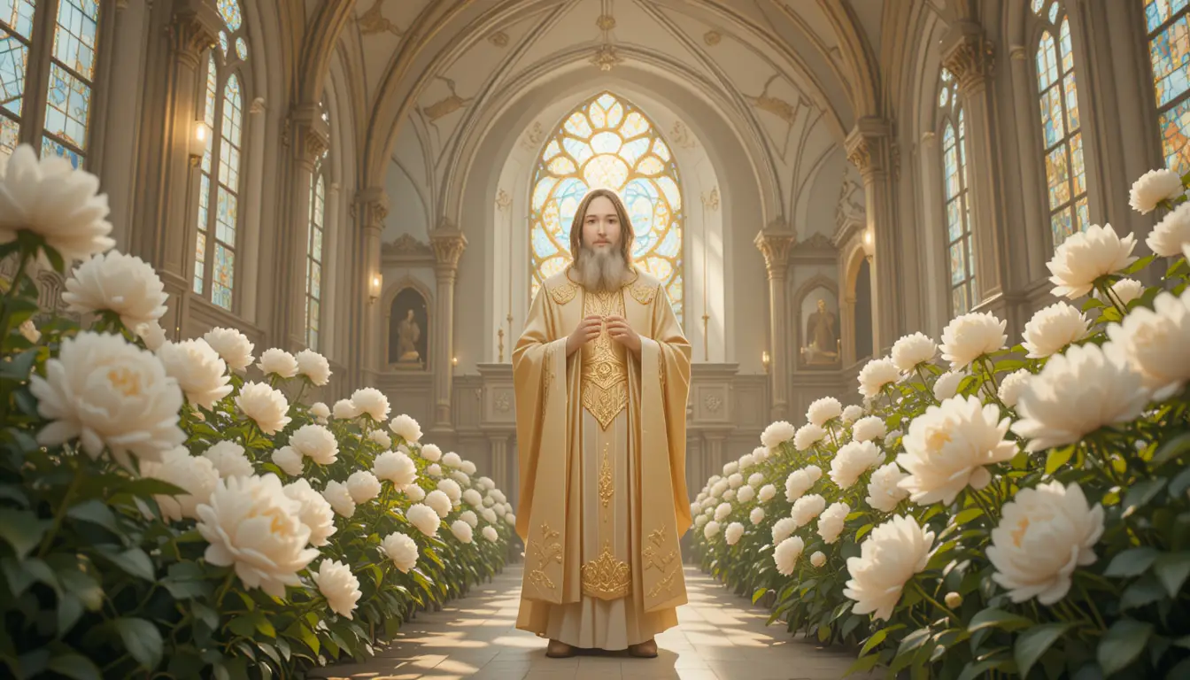 하얀 작약이 피어난 햇살 가득 예배당의 성 롱기누스