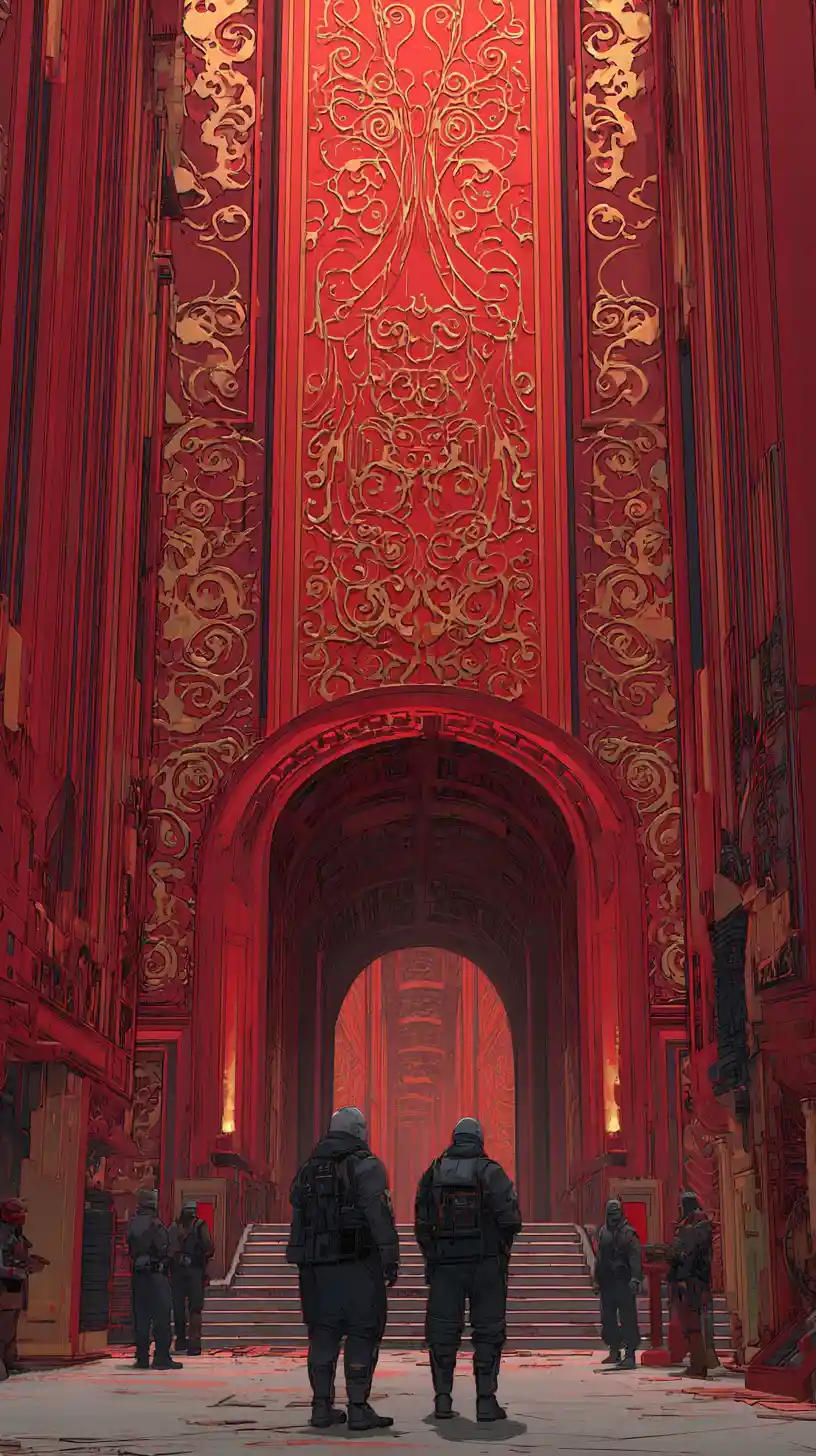 Guardie cyberpunk in un surreale interno di palazzo dorato