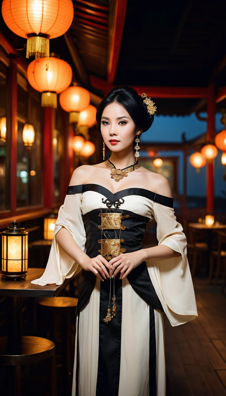 Vietnamese woman in tang dynasty dress in night restaurant