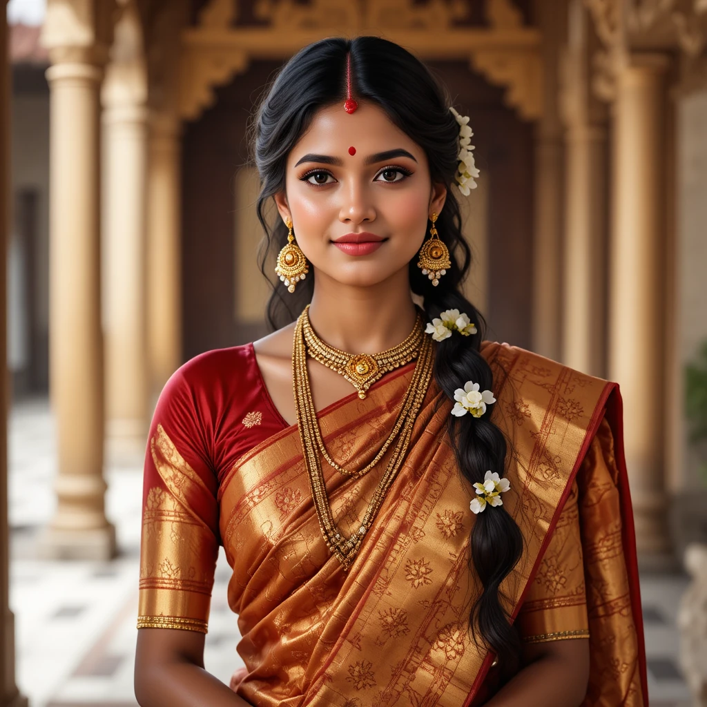 Tamil woman in silk saree portrait with temple backdrop