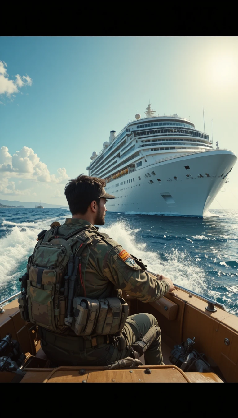 Soldado em lancha rápida observando navio de cruzeiro de luxo próximo