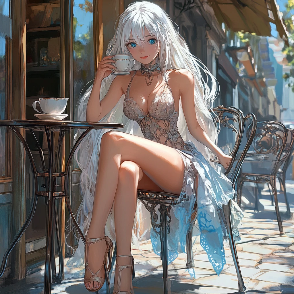 Young woman with white hair at outdoor cafe table