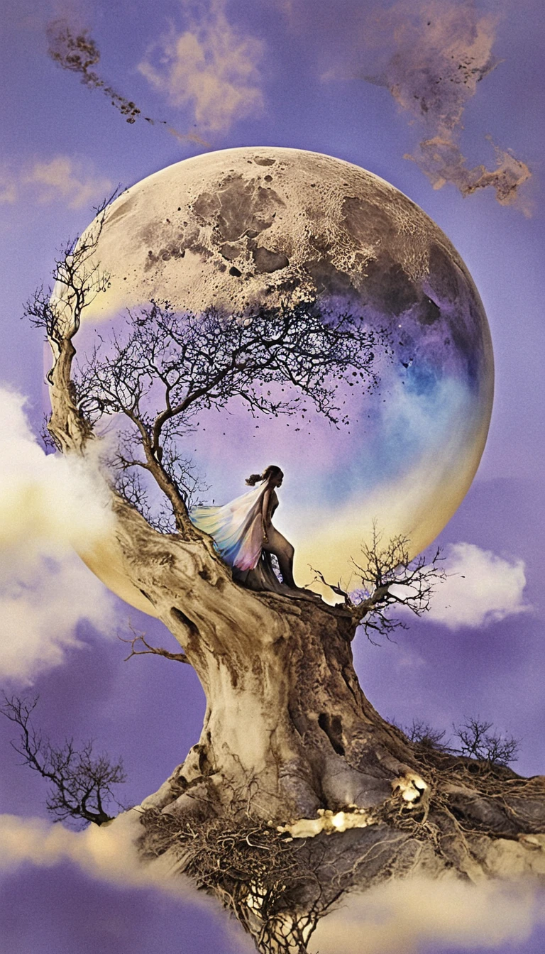 Melancholic fairy fused with a cracked barren orb in space