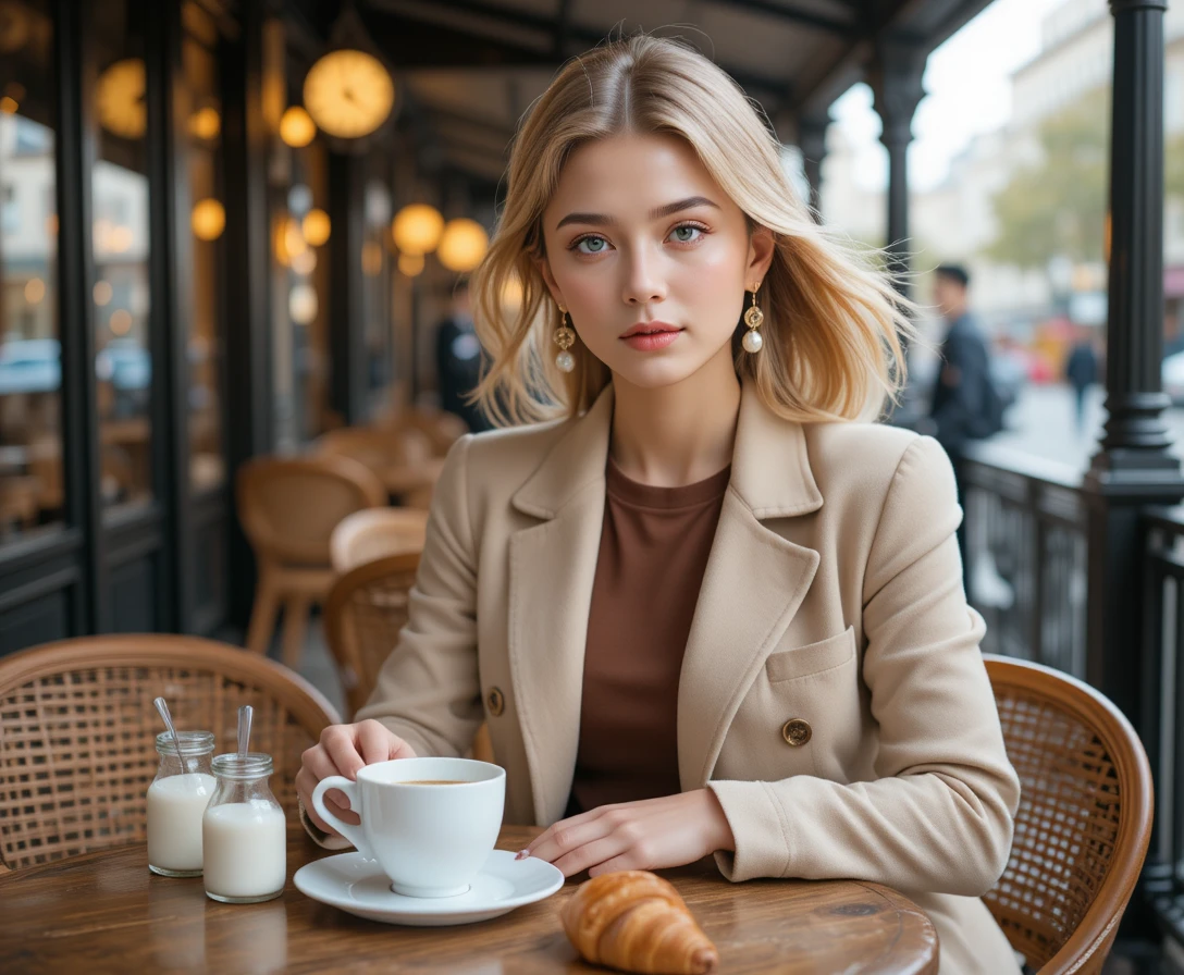 Femme élégante avec un café dans un café en plein air de style parisien