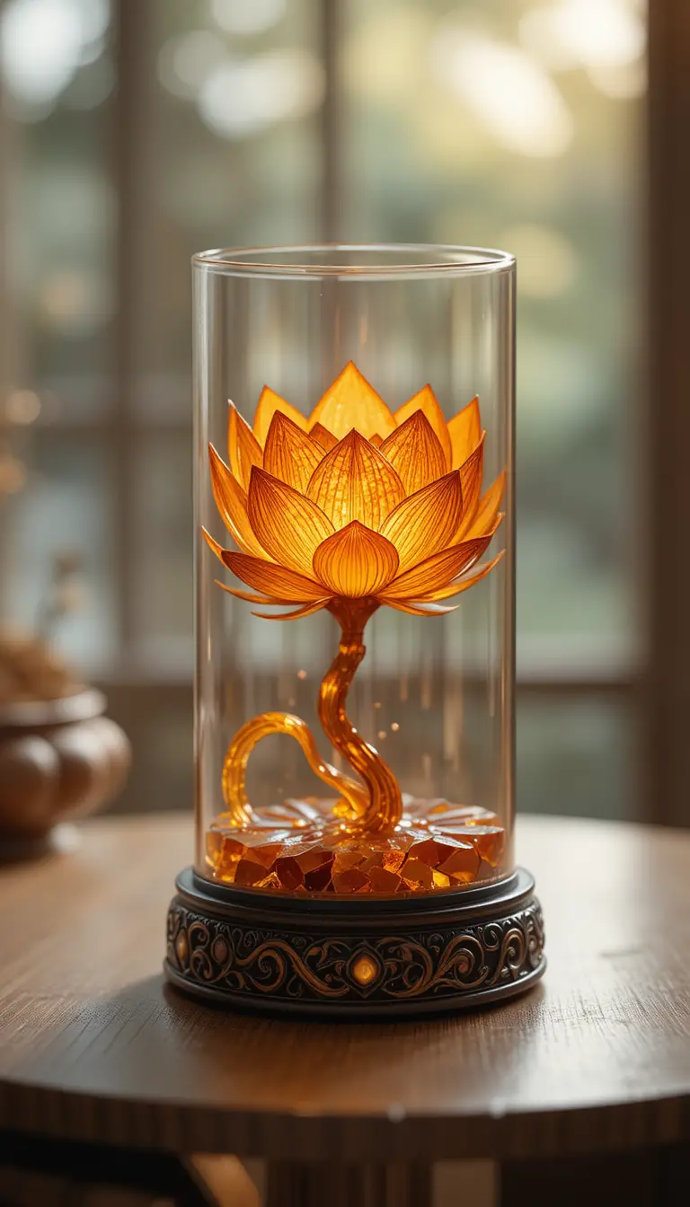 Glowing Amber Lotus Inside Glass Cylinder On Wooden Table