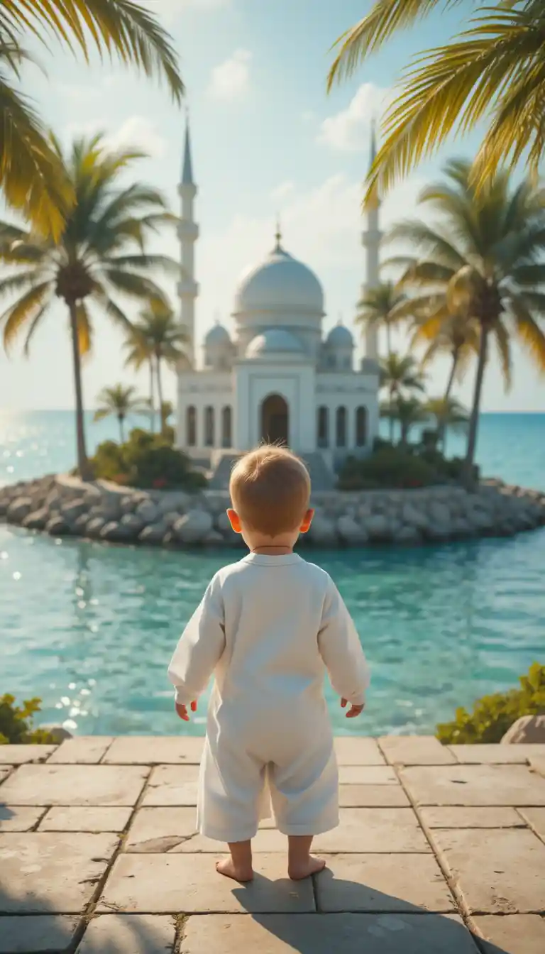 Bebê pequeno de branco perto de mesquita tropical à beira-mar