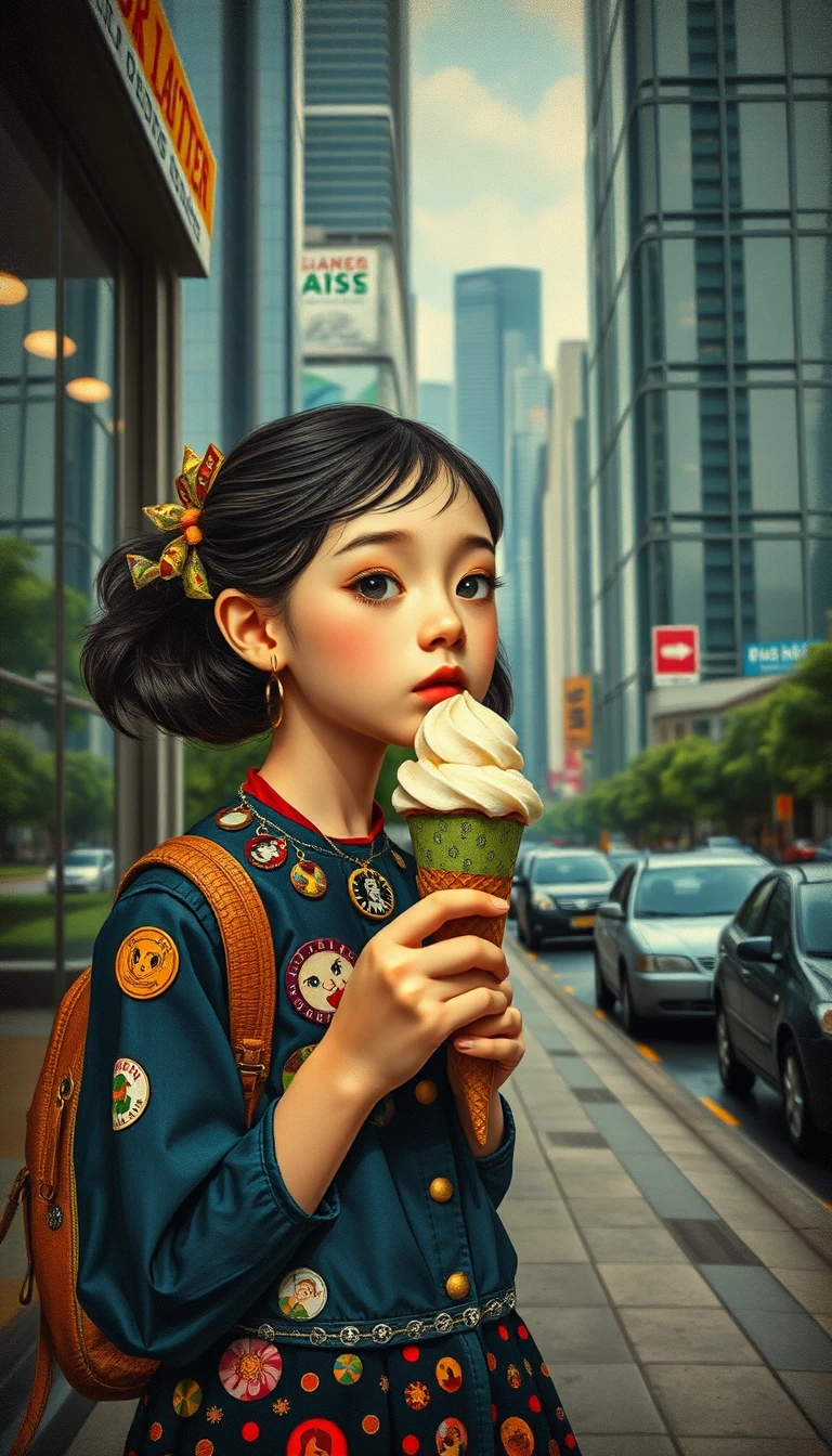 Menina comprando sorvete em uma paisagem urbana fantasiosa