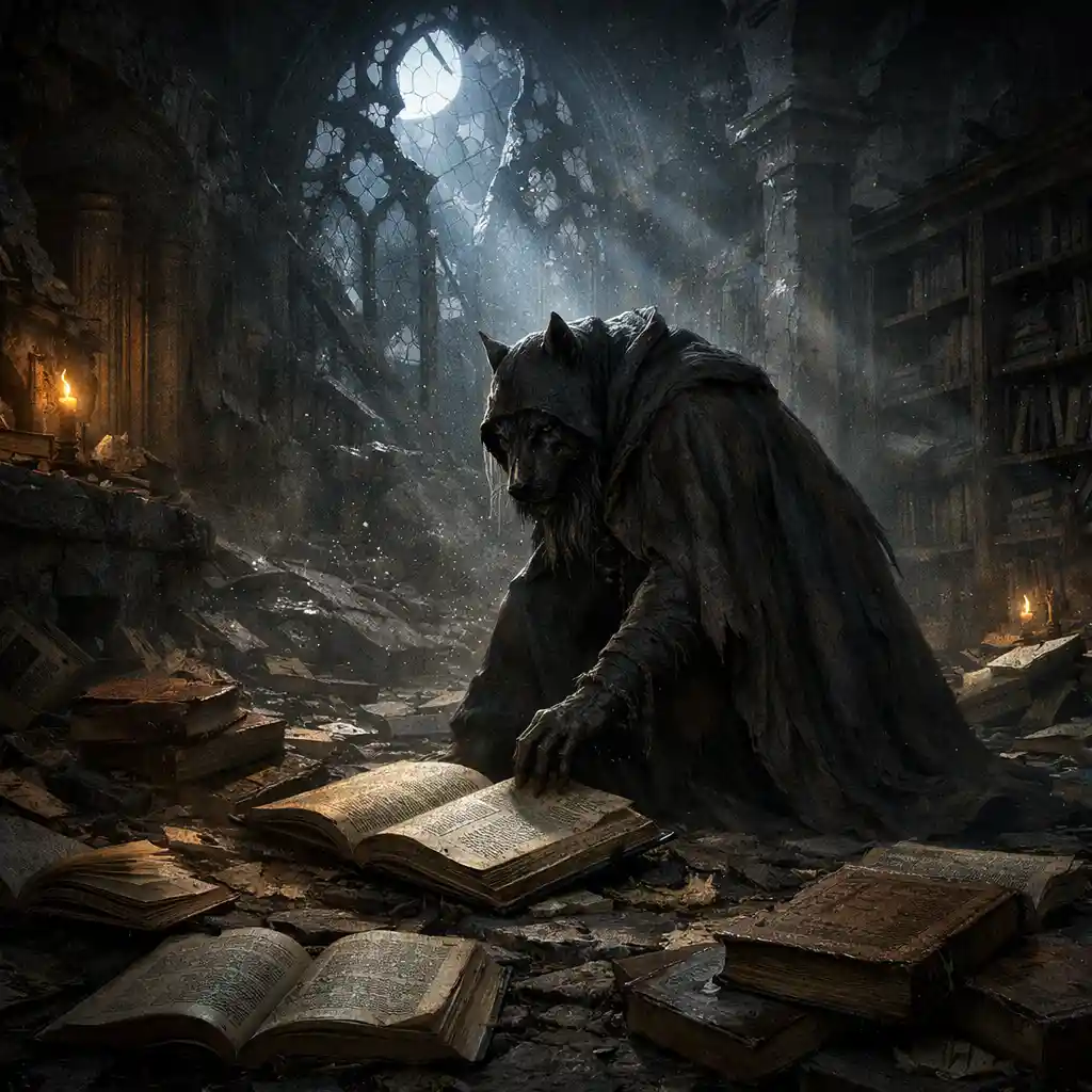 Licantropo incappucciato tra le rovine di un'antica biblioteca al chiaro di luna