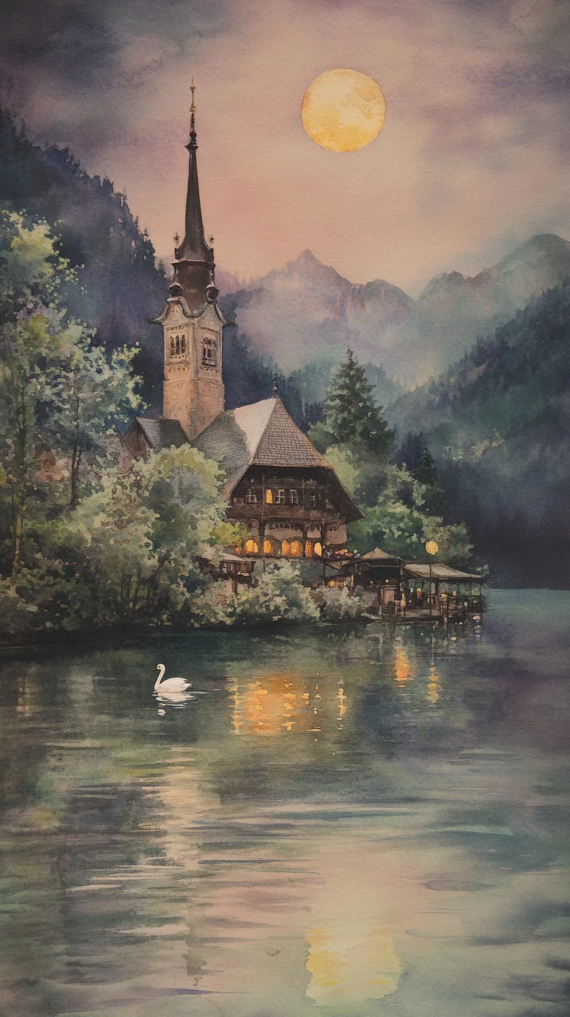 Nächtliches Aquarelldorf am See unter dem Vollmond