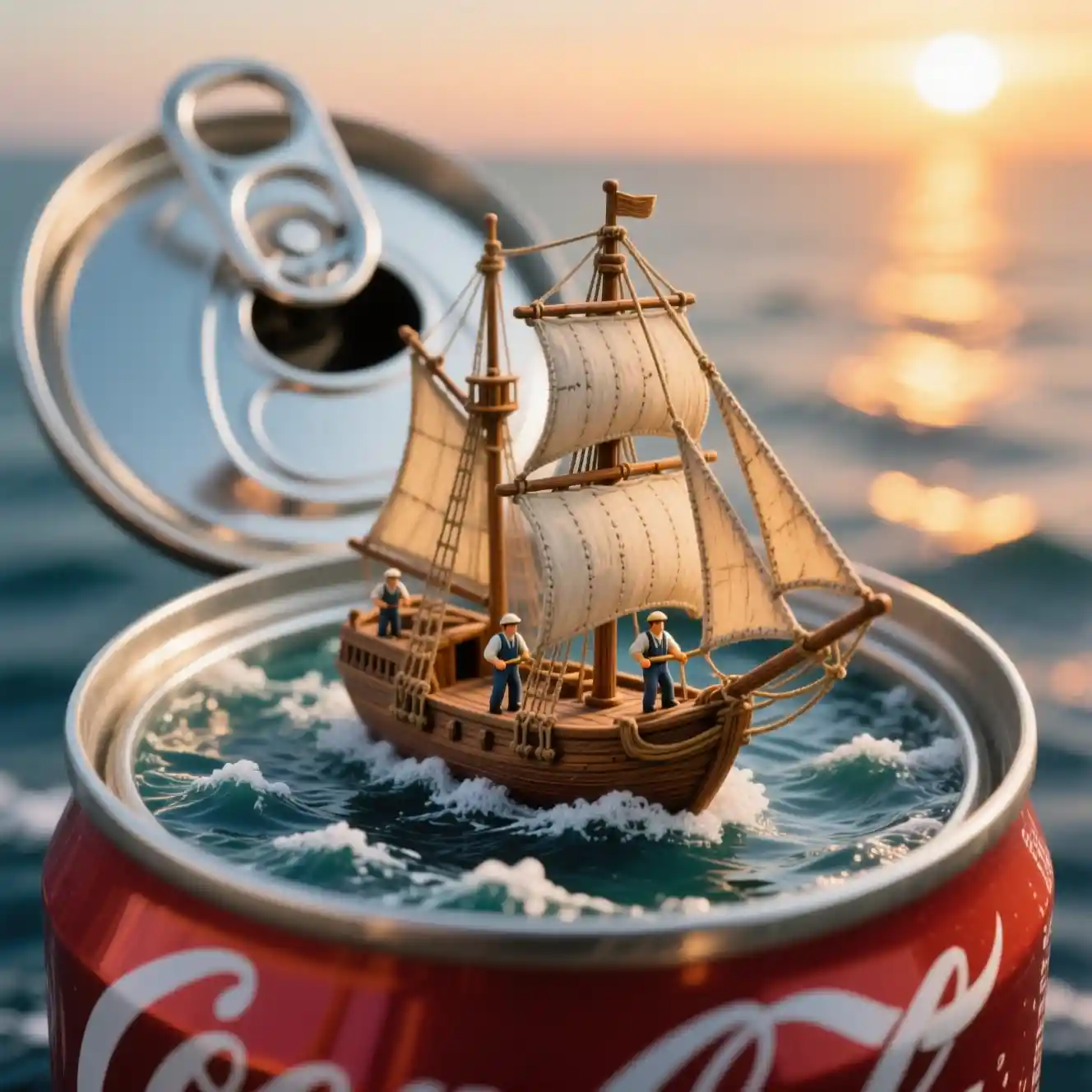 Miniature sailing ship floating inside an open soda can