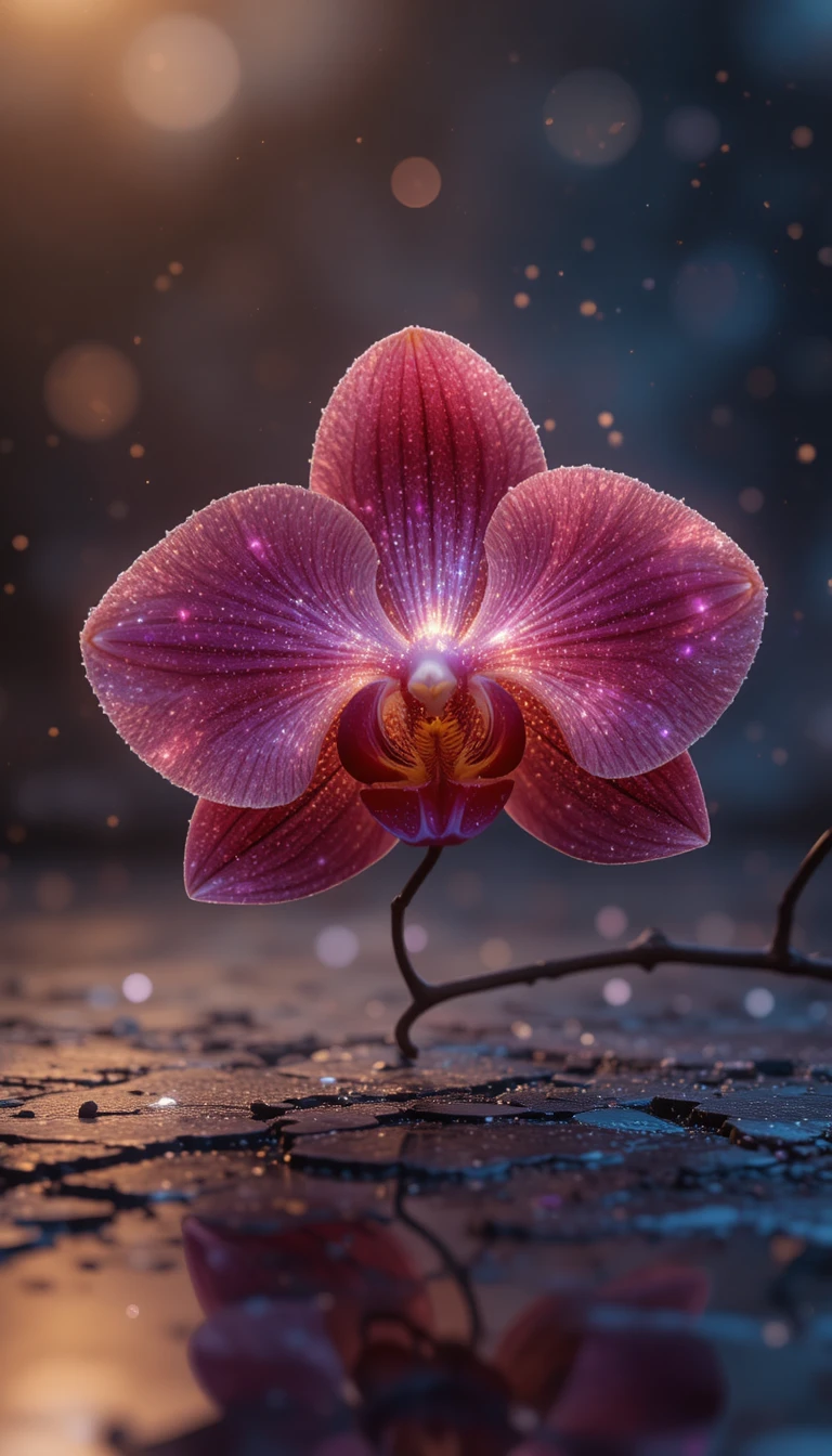 Orchidea luminosa che brilla su una superficie di ossidiana riflettente