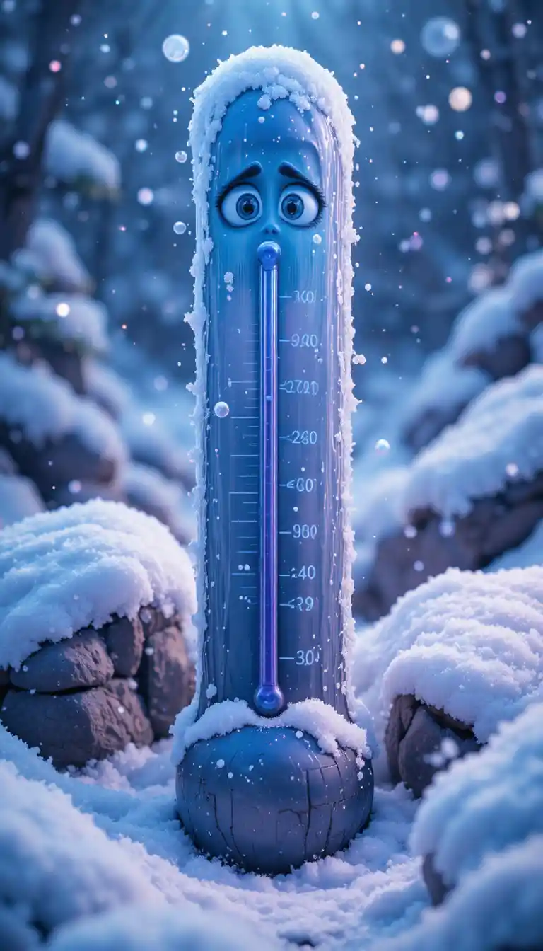 Termómetro de dibujos animados con ojos asustados bajo la nieve que cae