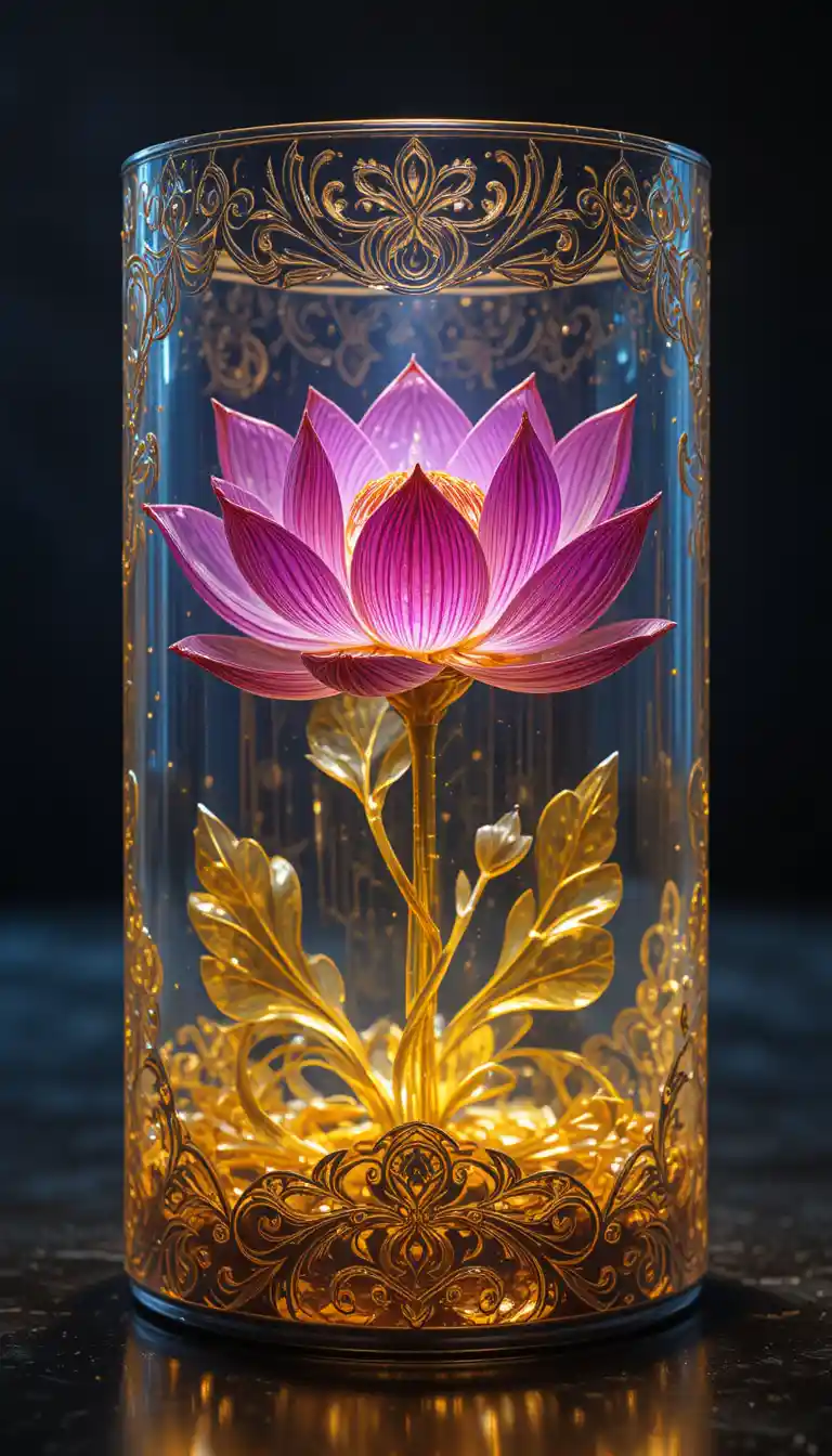Glowing Lotus Flower Inside An Intricate Glass Cylinder
