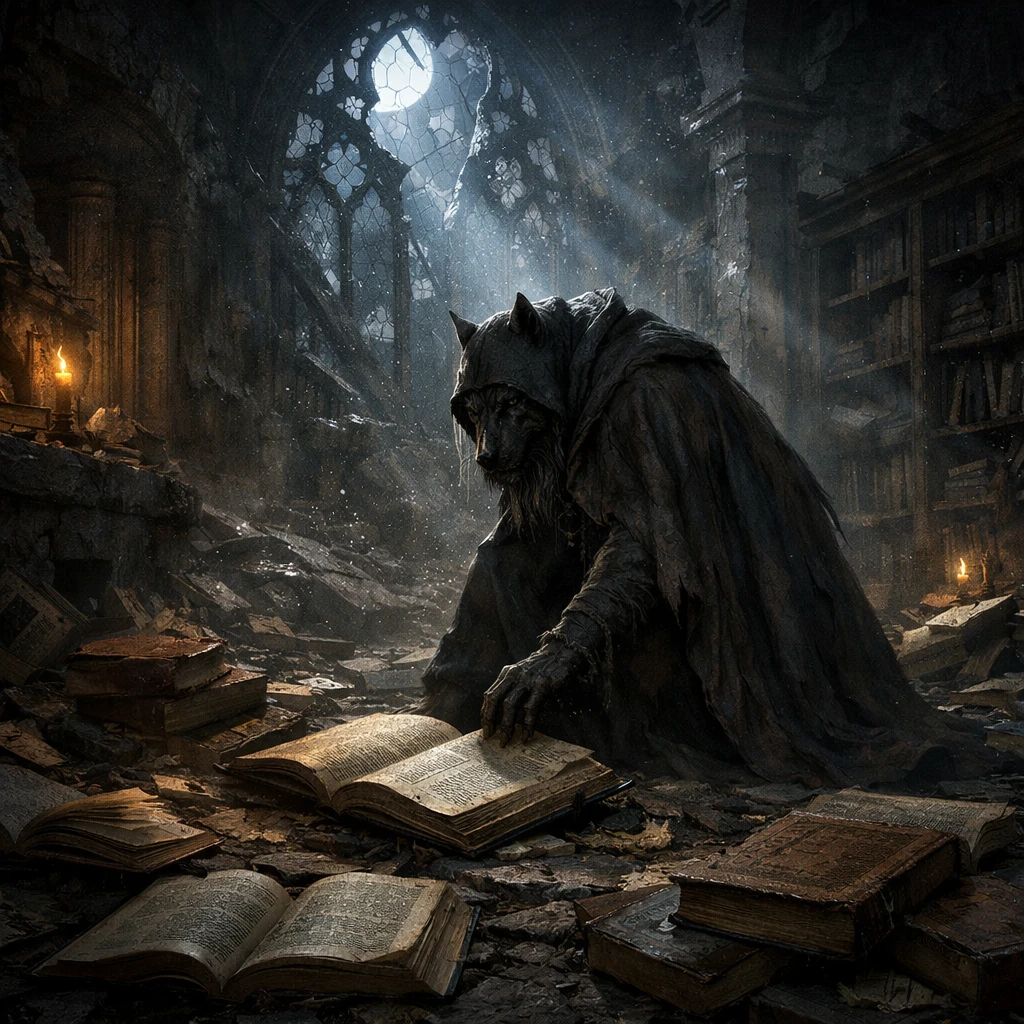 Lobisomem encapuzado nas ruínas de uma antiga biblioteca ao luar
