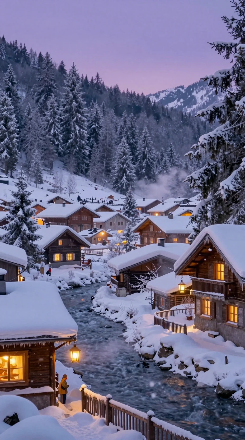 Snowy alpine village glowing under a soft twilight sky