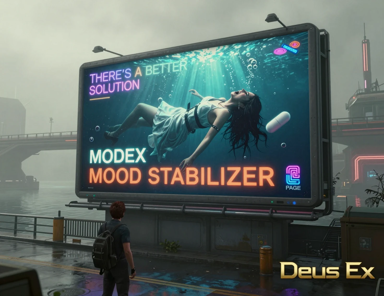 Outdoor futurista de cidade com mulher subaquática