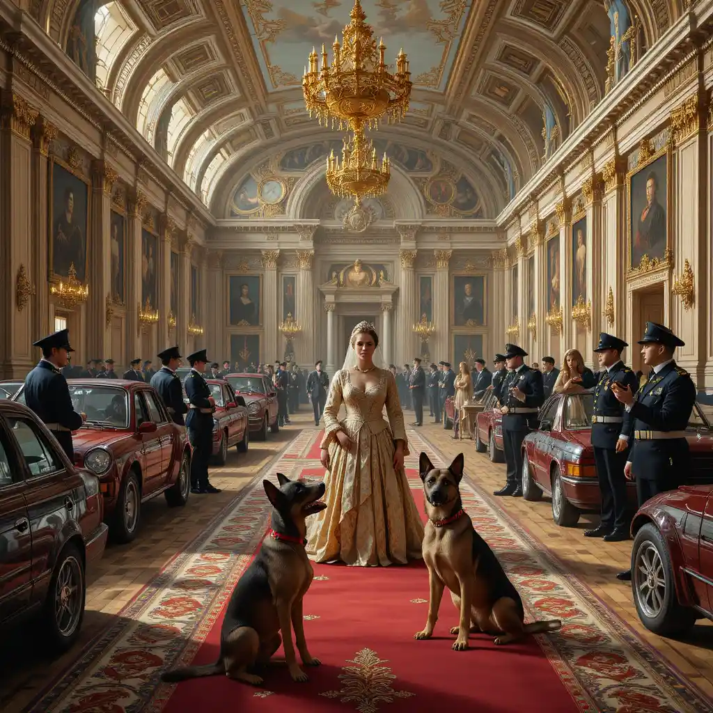 Patio de palacio real con reinas, reyes, guardias y coches