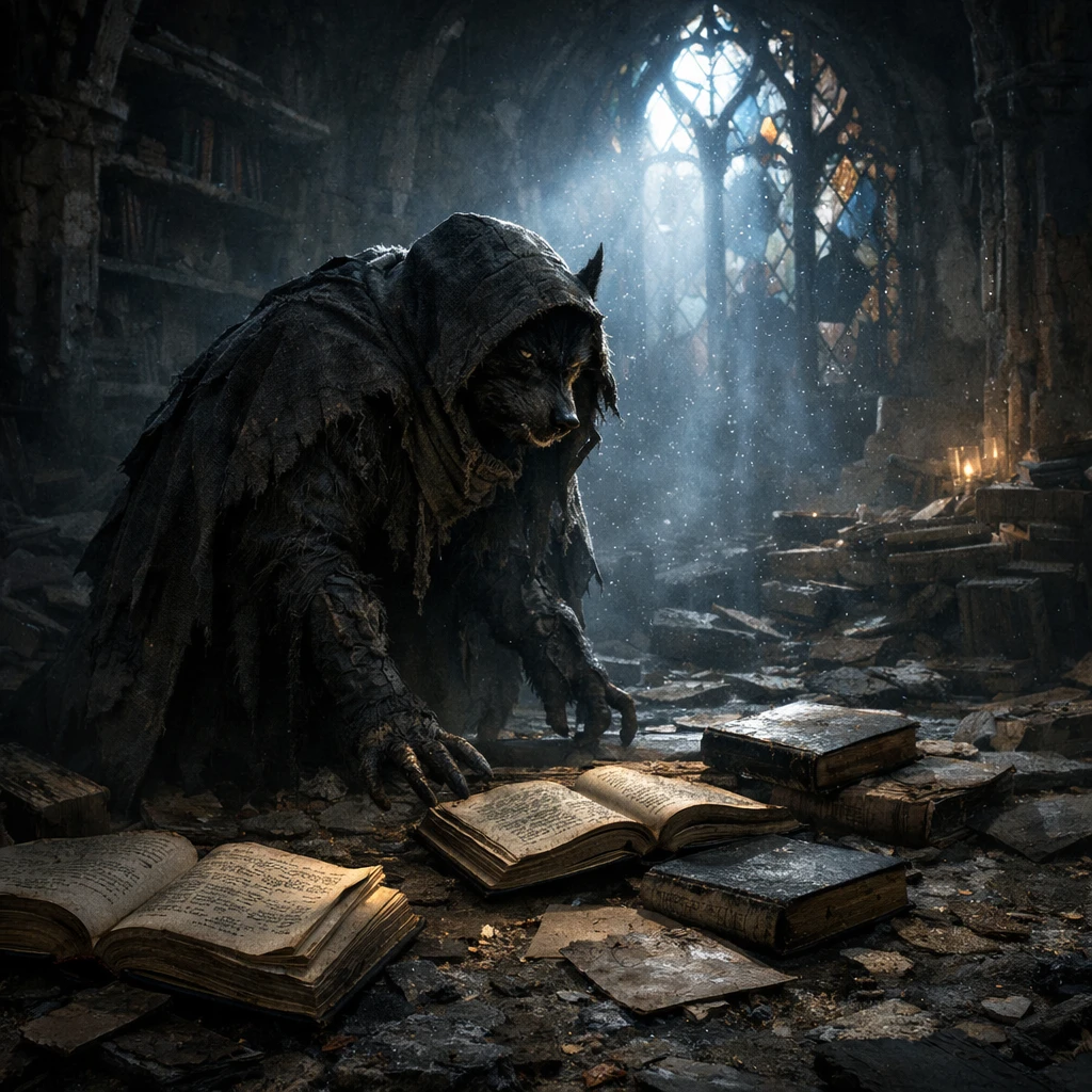 Lobisomem encapuzado nas ruínas de uma antiga biblioteca ao luar