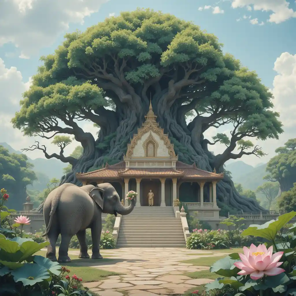Buddhistischer Tempel unter einem Bodhi-Baum mit sanftem Elefanten