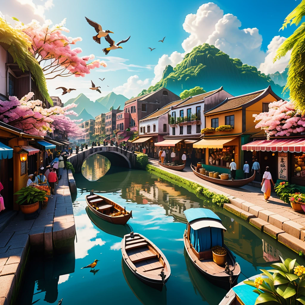 Serene canal city street with boats and distant mountains