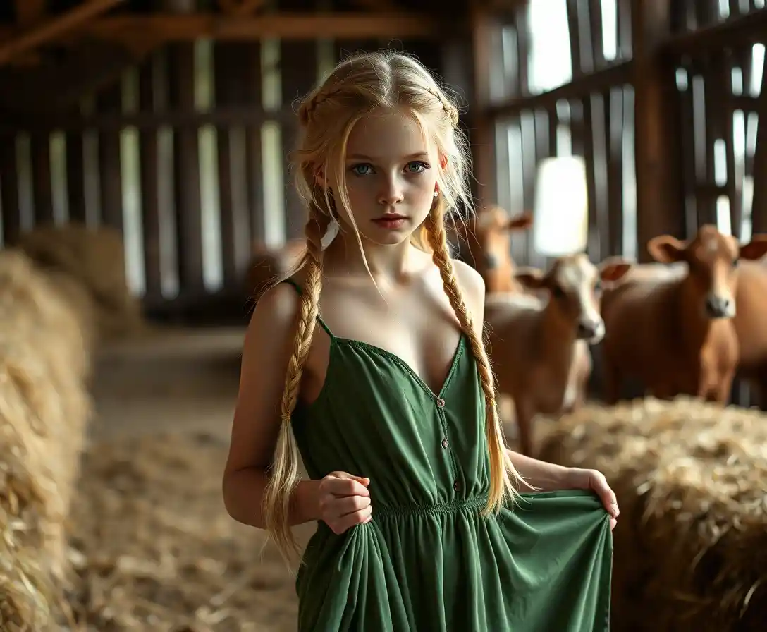 Young blonde girl in a long green dress indoors