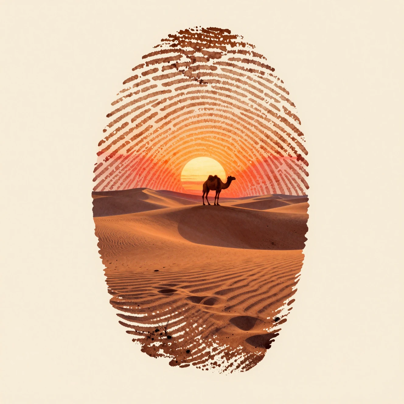 Deserto-impronta digitale con cammello solitario al tramonto