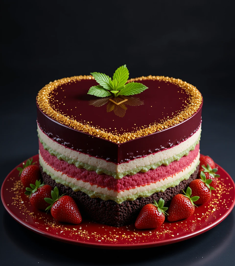 Bolo mousse em formato de coração com morangos e detalhes dourados
