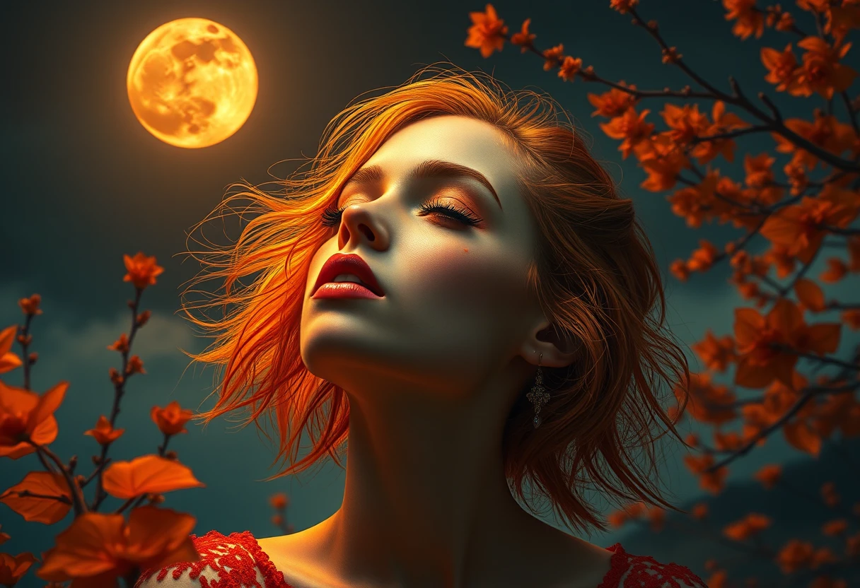 Surreal orange moon portrait in a pop surreal fantasy style