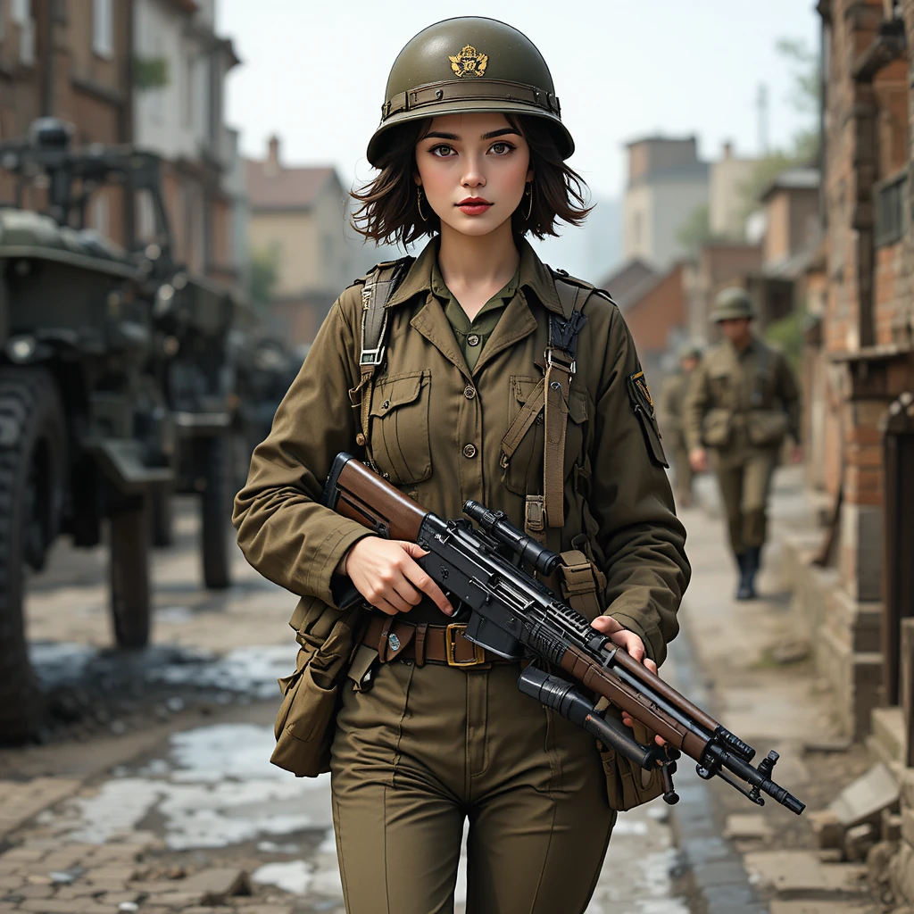 二戰軍服漫畫風女子，手持步槍與戰鬥頭盔