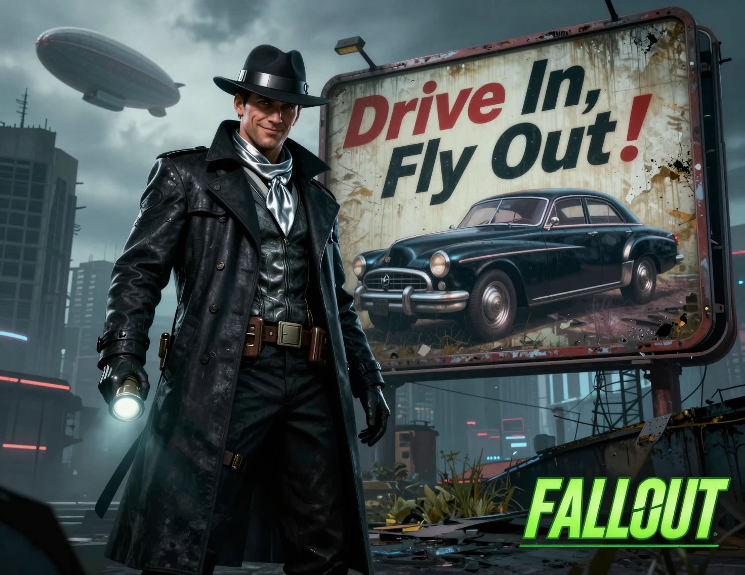 Detetive de ficção científica de casaco ao lado de outdoor de carro retrofuturista
