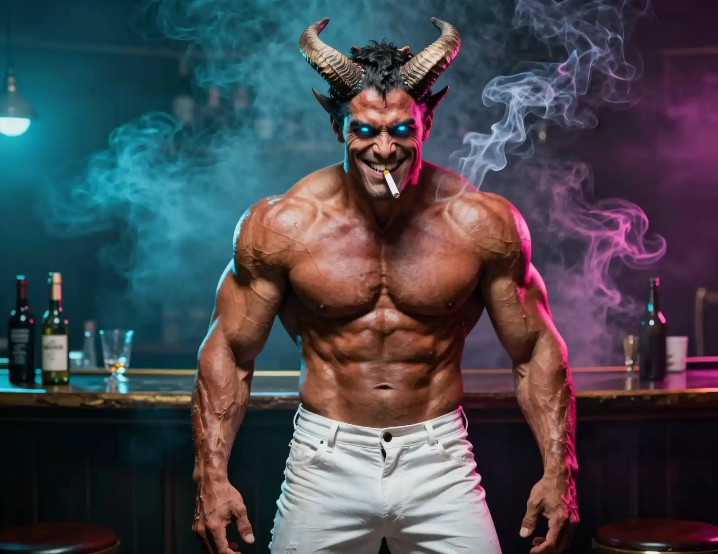 Démon musclé à cornes fumant dans un bar éclairé au néon