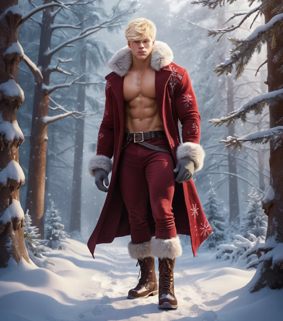 Jeune homme blond marchant dans une forêt hivernale festive
