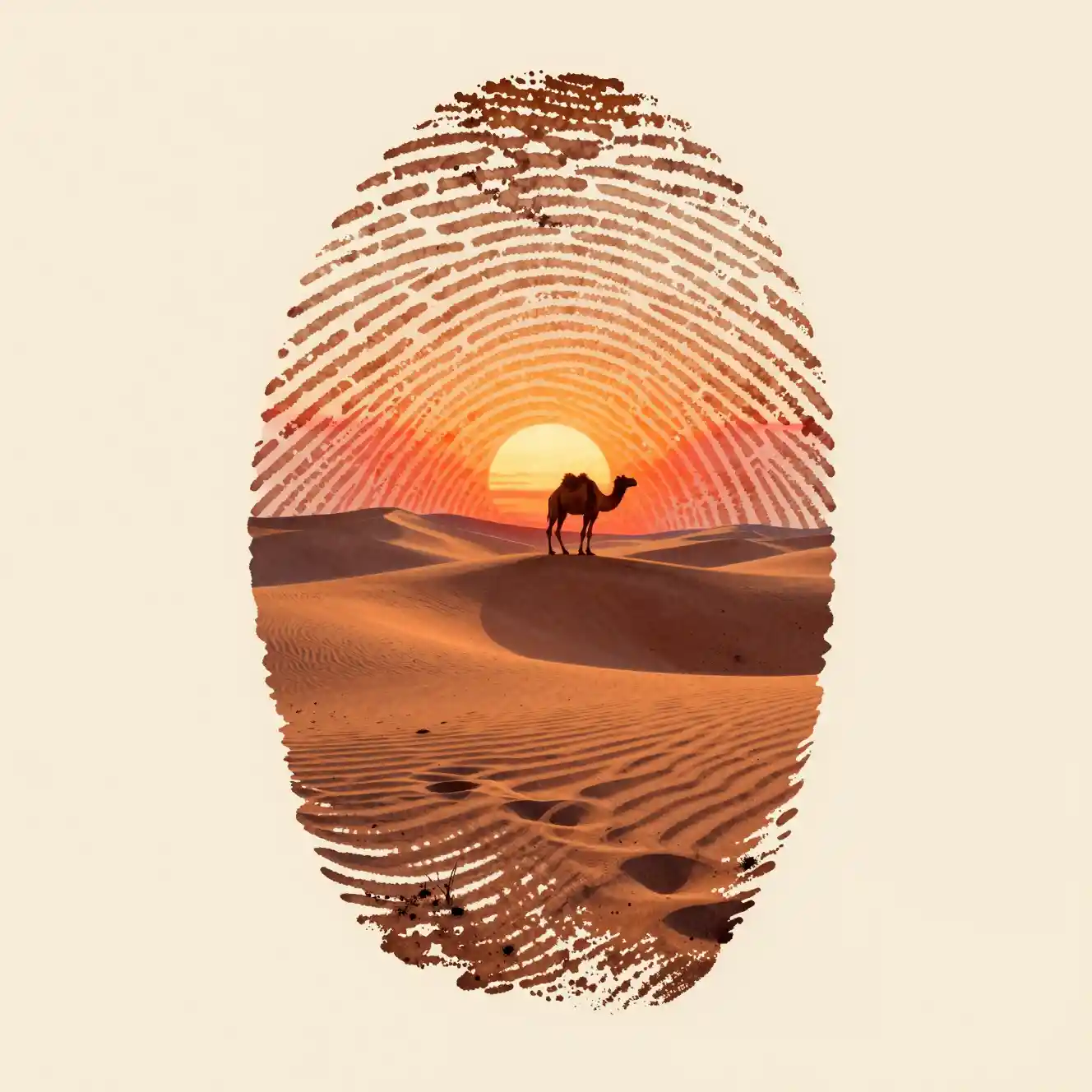 Deserto-impronta digitale con cammello solitario al tramonto